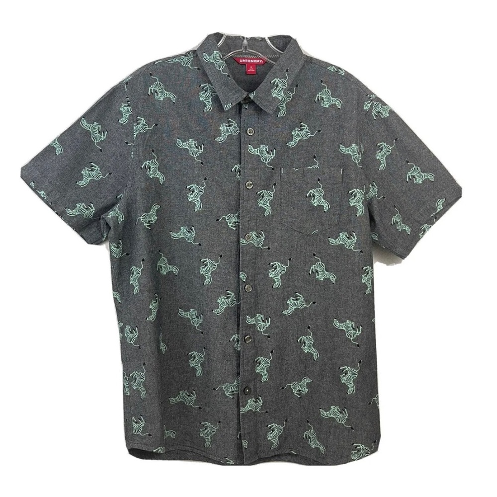 UNIONBAY Shirt Button Dark Gray, Light Green-Blue & Black Zebra Print Men’s M.